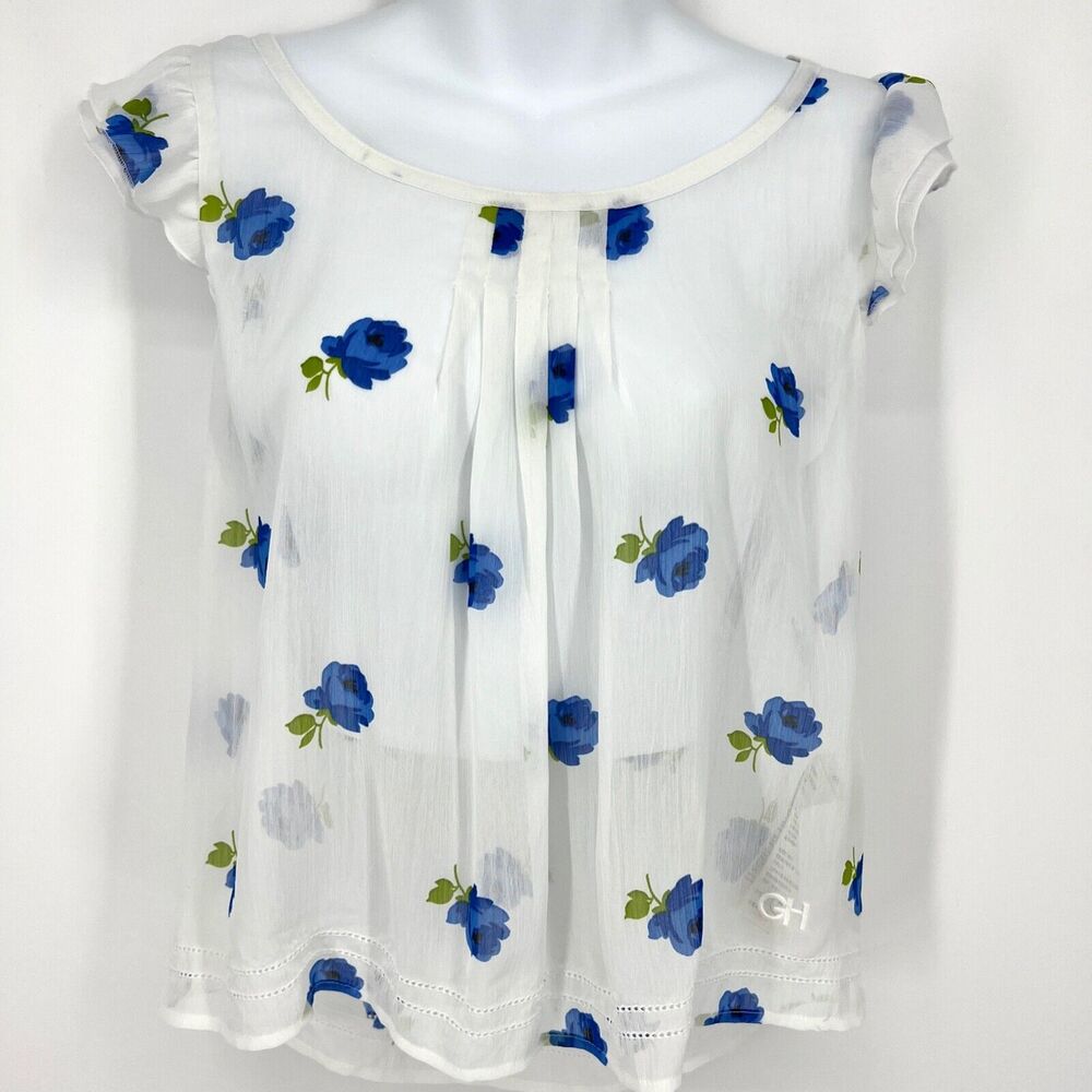 Gilly Hicks Blue Floral Sheer Blouse Flutter Sleeve Size S